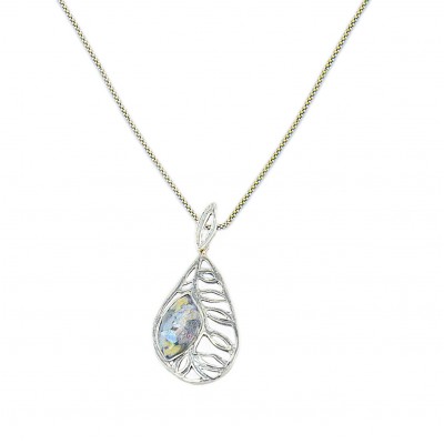 Silver Necklace with Ancient Roman Glass Leaf Pendant  Made in Israel