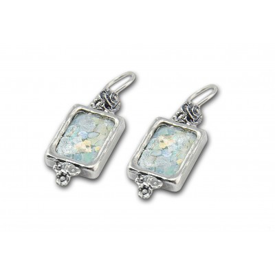 Silver Earrings With Ancient Roman Glass Made in Israel 