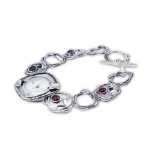Silver Watch with Red Garnet Stones Made in Israel