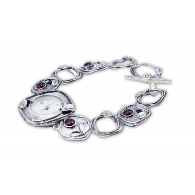 Silver Watch with Red Garnet Stones Made in Israel